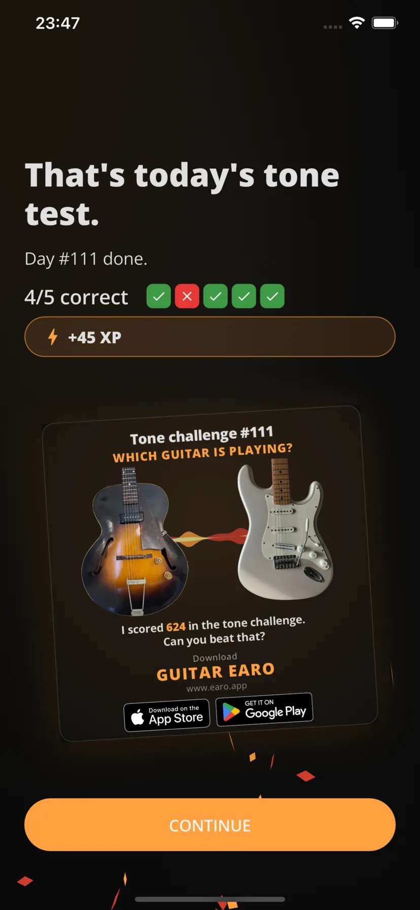 Today's tone test finished: four out of five correct, day 111, plus 45 XP, with a shareable score card