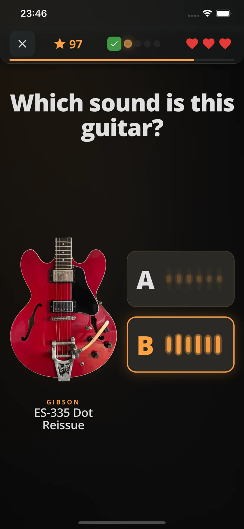 Guitar Earo asking which of two sounds, A or B, belongs to a Gibson ES-335