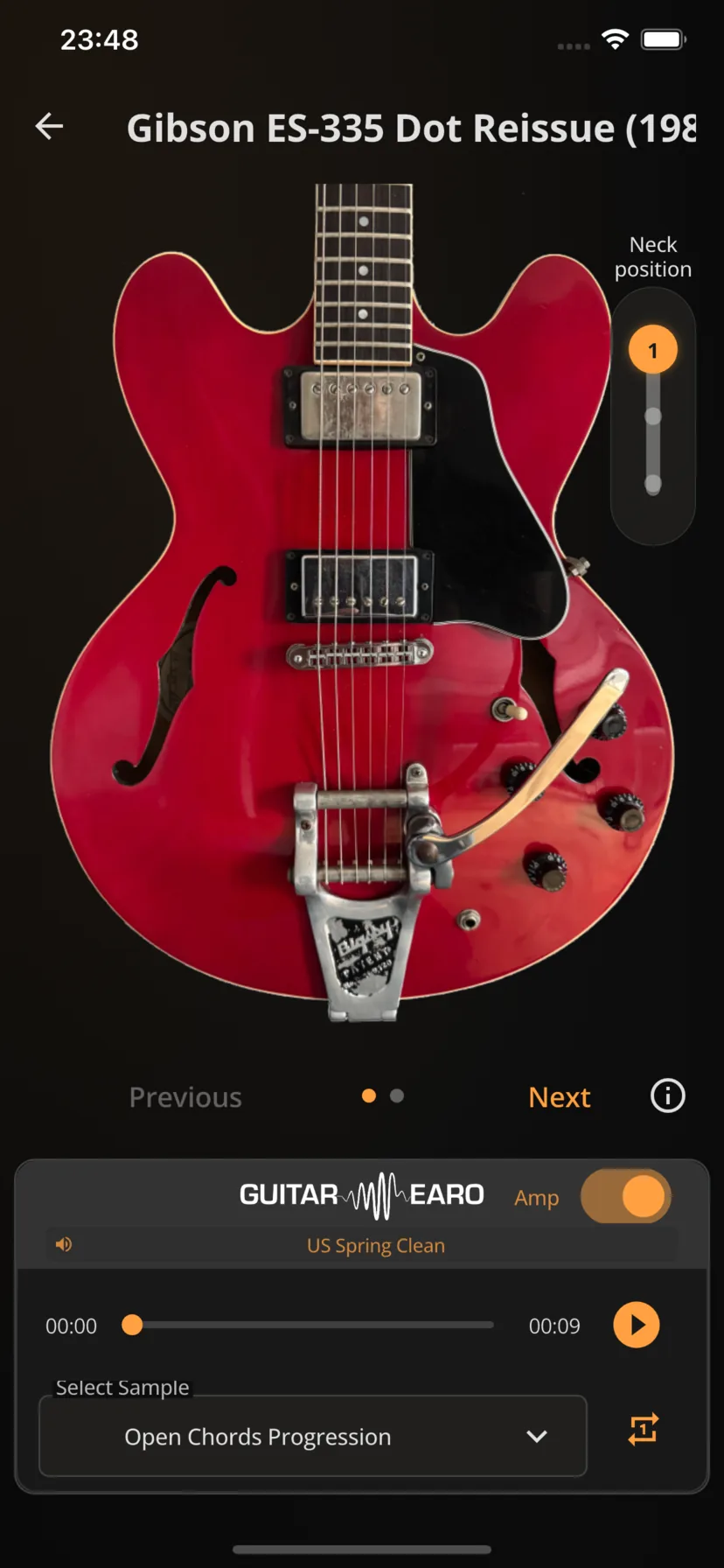 A Gibson ES-335 Dot Reissue in the Guitar Earo player with pickup position and sample controls