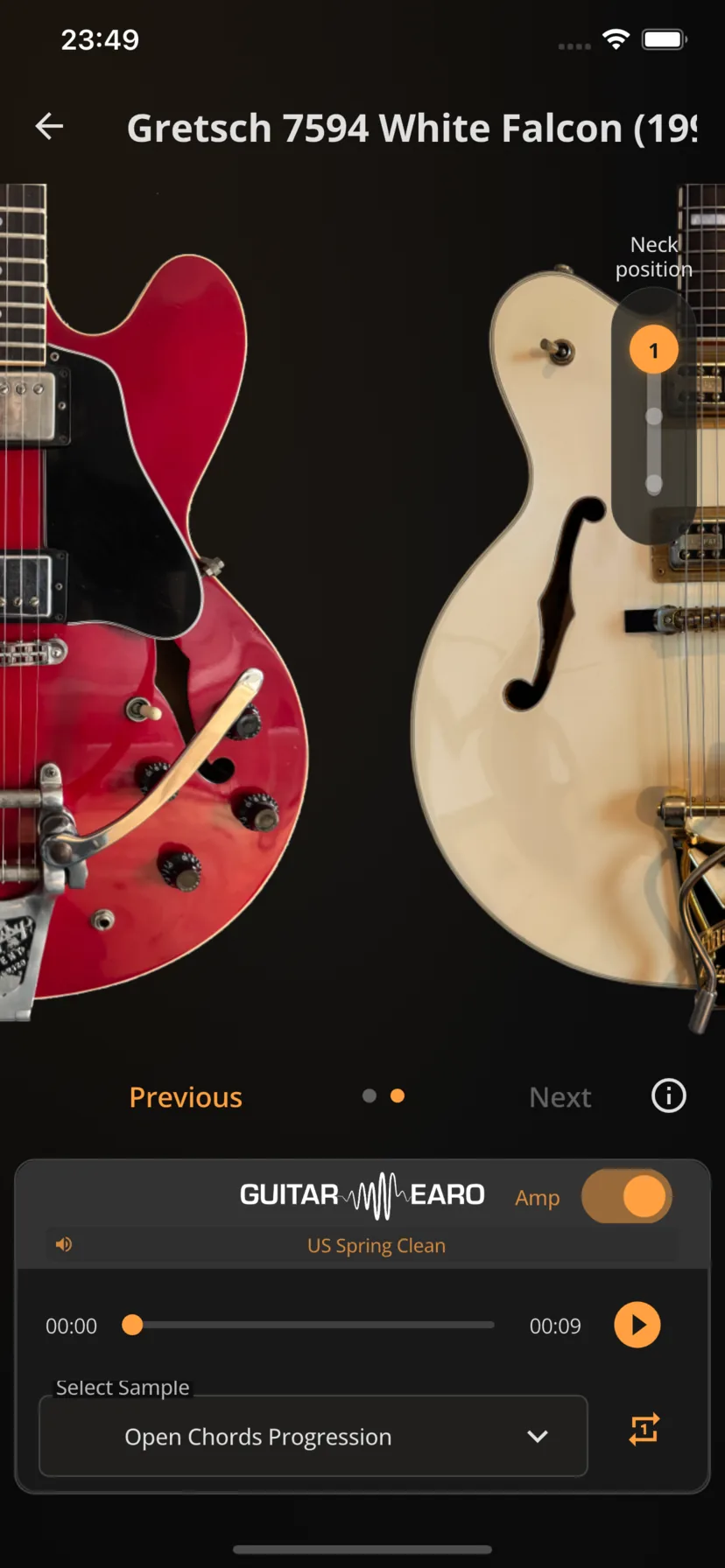 Two guitars side by side in Guitar Earo for instant A and B comparison